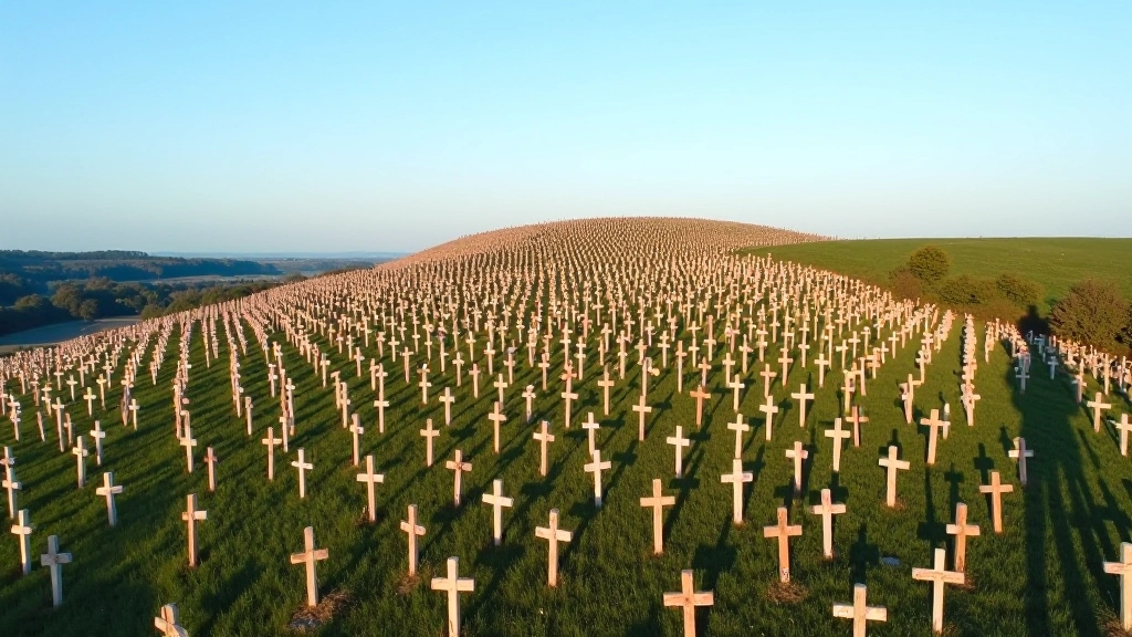 Aerial view of the Hill of Crosses showing thousands of crosses covering the hillside landscape