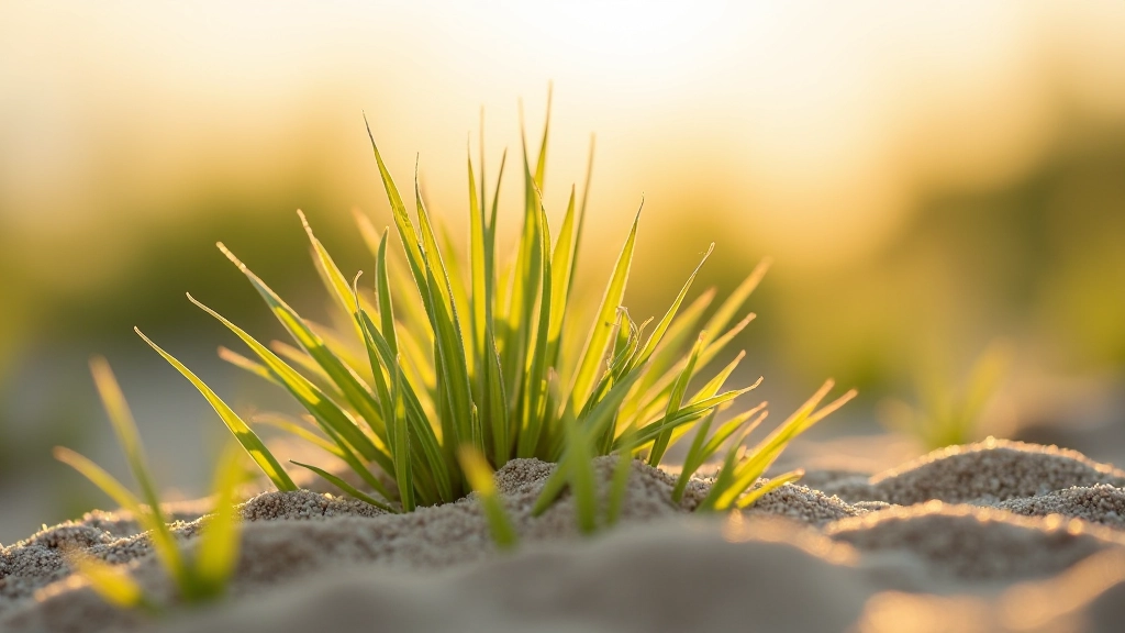 Close-up of marram grass and beach vegetation on sand dune with morning dew, natural ecosystem detail