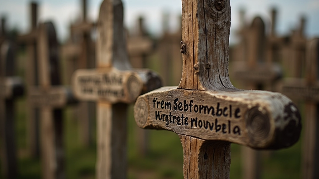 Close-up of wooden crosses with handwritten names and inscriptions, showing intricate carvings and weathered details