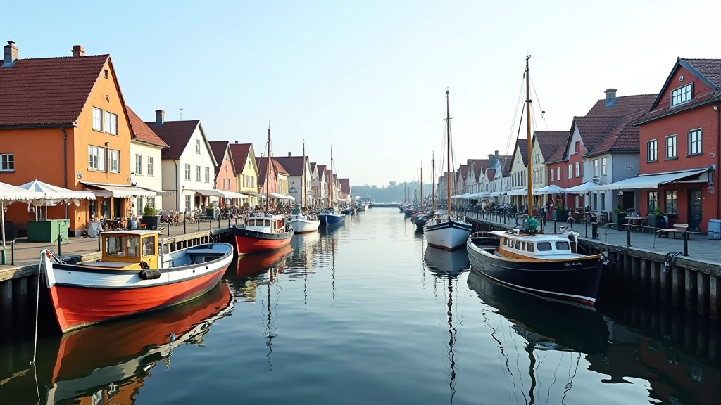 Nida village harbor with fishing boats, traditional wooden houses, and calm lagoon water reflecting buildings