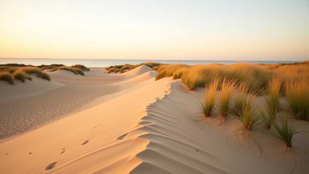 Golden sand dunes with sparse vegetation and Baltic Sea horizon in distance