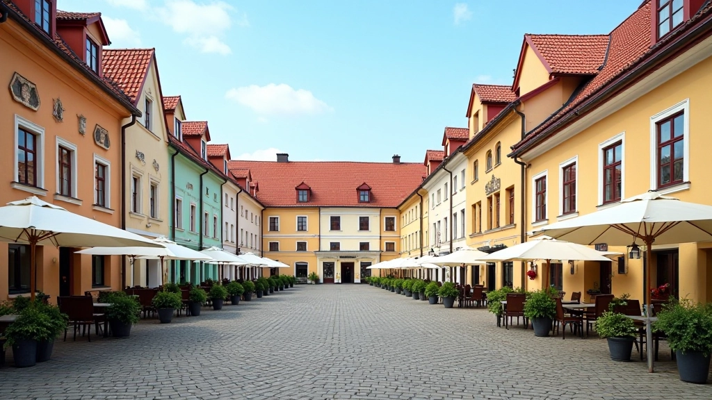 Charming town square with traditional architecture and colorful buildings at daytime