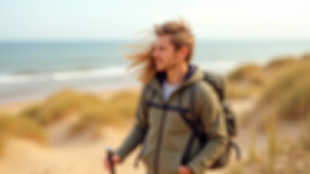 Person in casual hiking clothing standing on high sand dune overlooking Baltic Sea coastline with dunes stretching to horizon