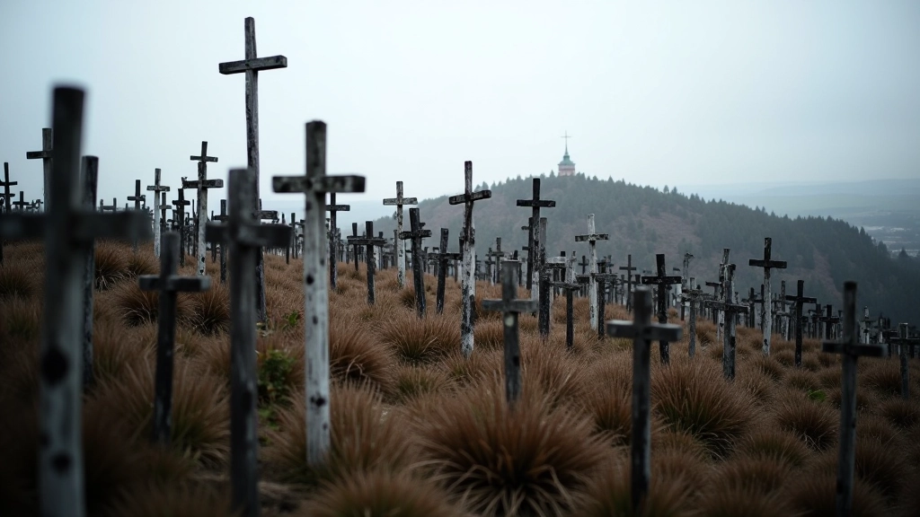 Hundreds of wooden crosses stacked on a grassy hilltop under cloudy sky