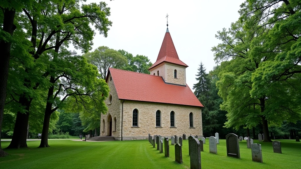 Historic stone church building with red roof surrounded by green trees and traditional cemetery