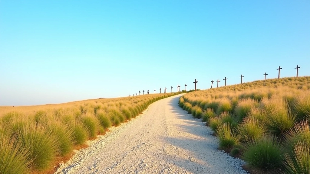 Winding gravel path leading up a grassy hillside with crosses visible against blue sky