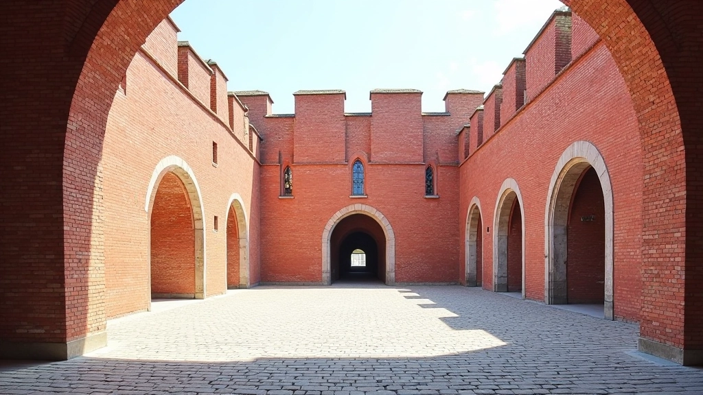 Interior courtyard of castle with red brick walls, arched doorways, and medieval architectural details