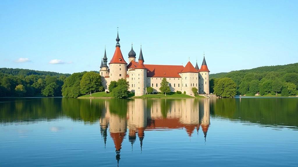 Lake Galvė with castle reflection in calm water, surrounded by green forests and vegetation
