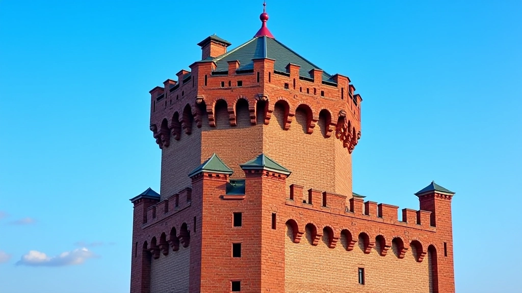 Red brick castle tower and walls with detailed medieval architecture and stone details