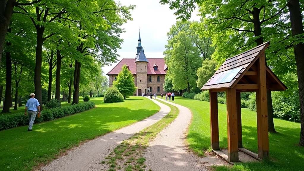 Tourist information sign and pathway leading toward castle with visitors walking in distance