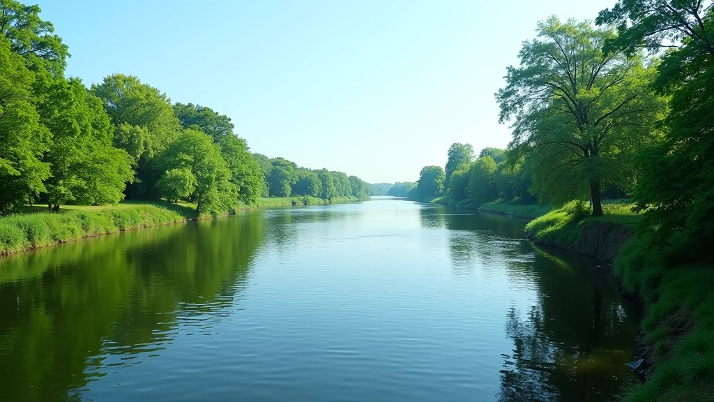 Serene river landscape with green banks and blue water reflecting sky, peaceful natural scenery