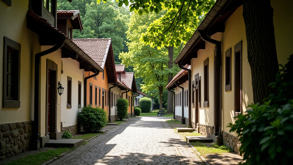Traditional European village architecture with peaceful tree-lined street and old buildings