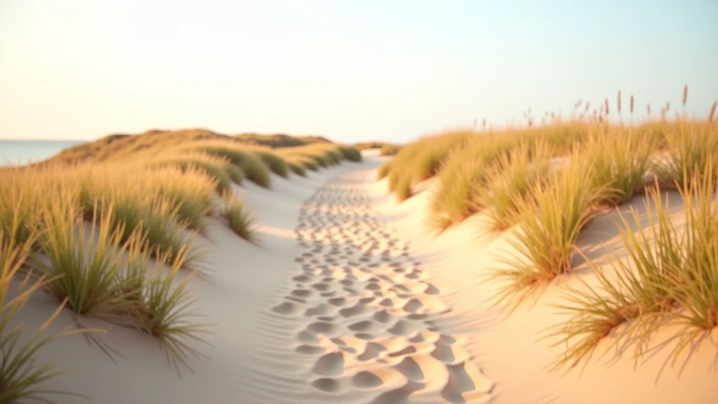 Narrow path winding through tall sand dunes with beach grass growing on slopes, clear sky overhead