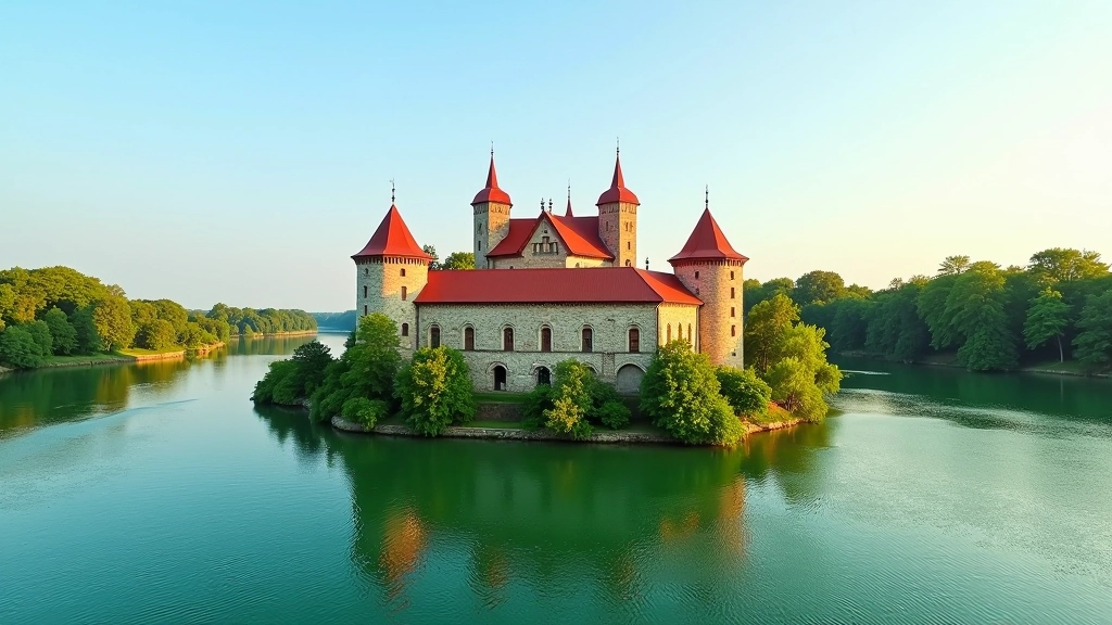 Trakai Island Castle overlooking pristine Lithuanian waters with medieval architecture