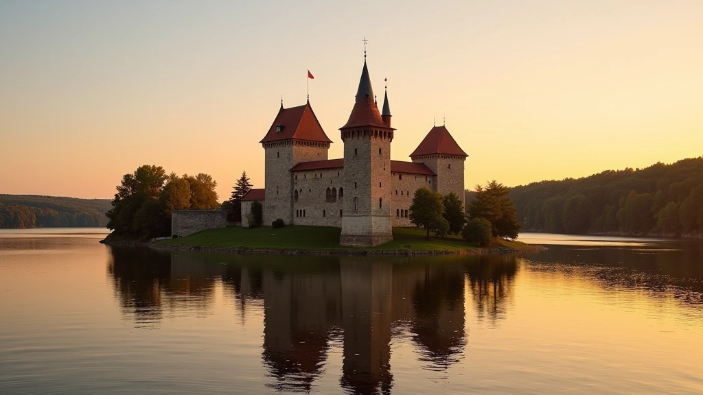 Medieval castle on an island surrounded by water and trees at sunset