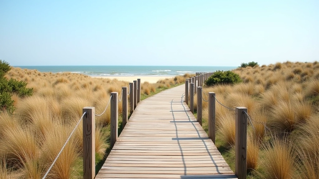 Wooden boardwalk elevated above sand dunes with sea visible in background and pine forest edge